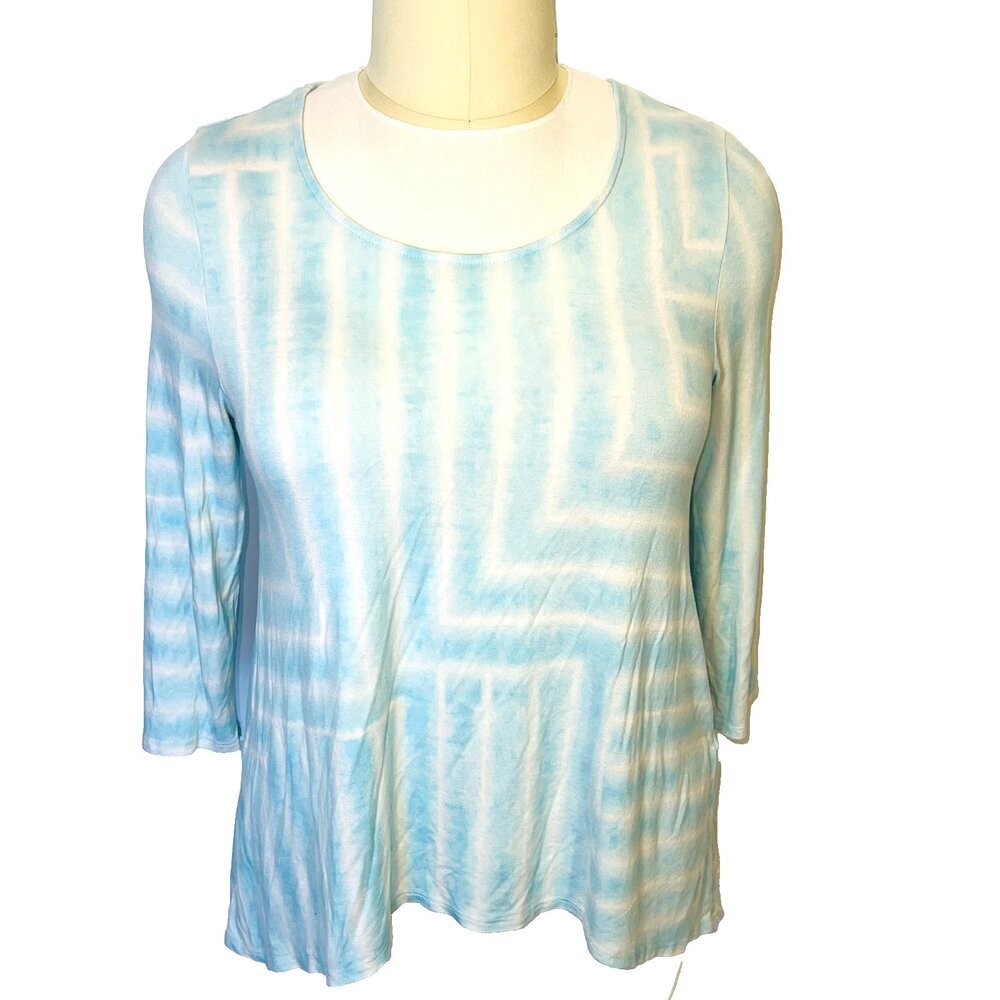 Chico's Tunic Top Women's L Baby Blue White Linear Tie Dye Scoop Neck 3/4 Sleeve